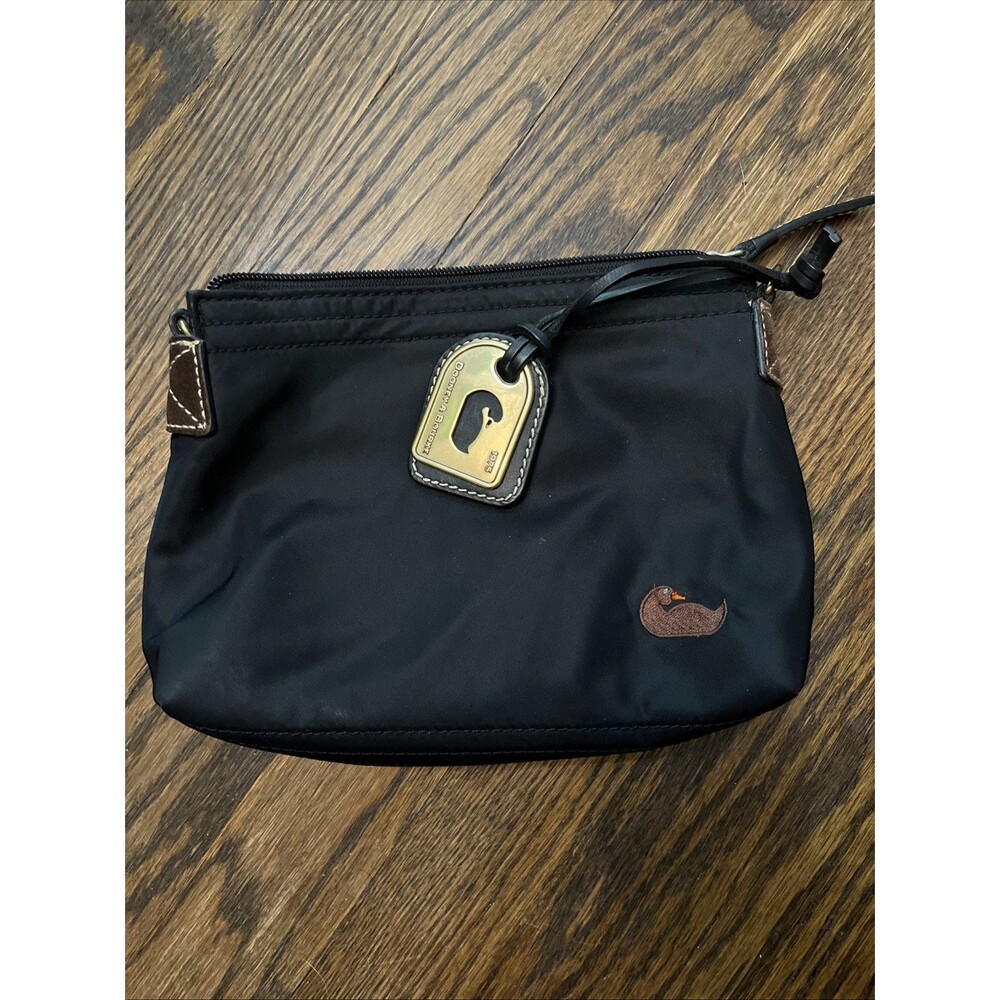 Dooney & Bourke Black Nylon Clutch Brown Leather Trim Pink Lining Logo Patch